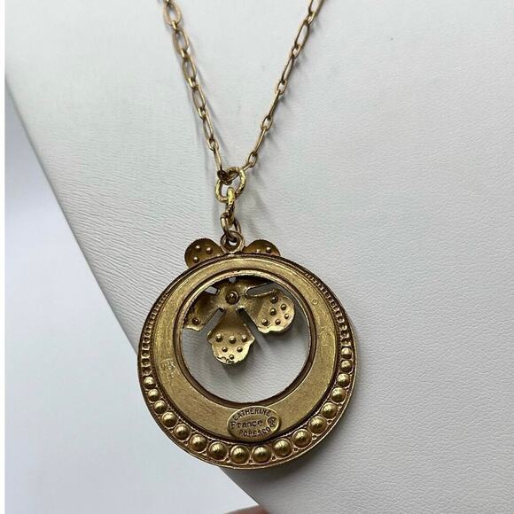 Catherine Popesco Cream Enamel Gray Swarovski Cryst Pendant Gold Plate Necklace - Picture 9 of 12